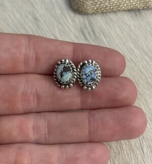 Sterling Silver Blue Golden Hills Turquoise Oval Braided Post Studs Earrings